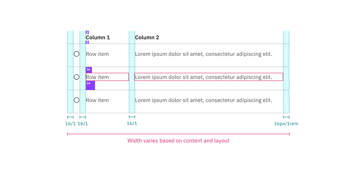 Spacing and measurements for selectable structured list