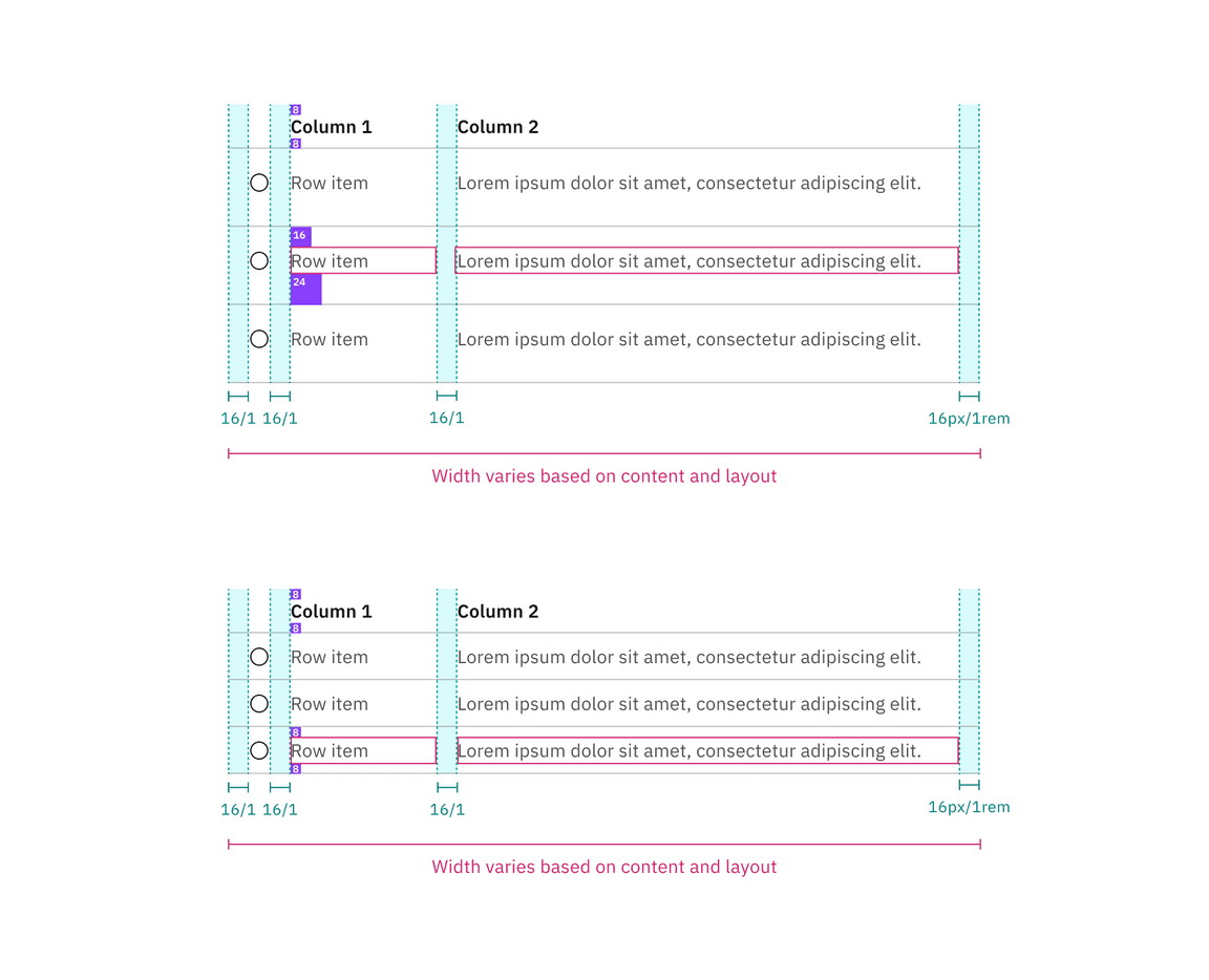 Sizes of structured list with selection